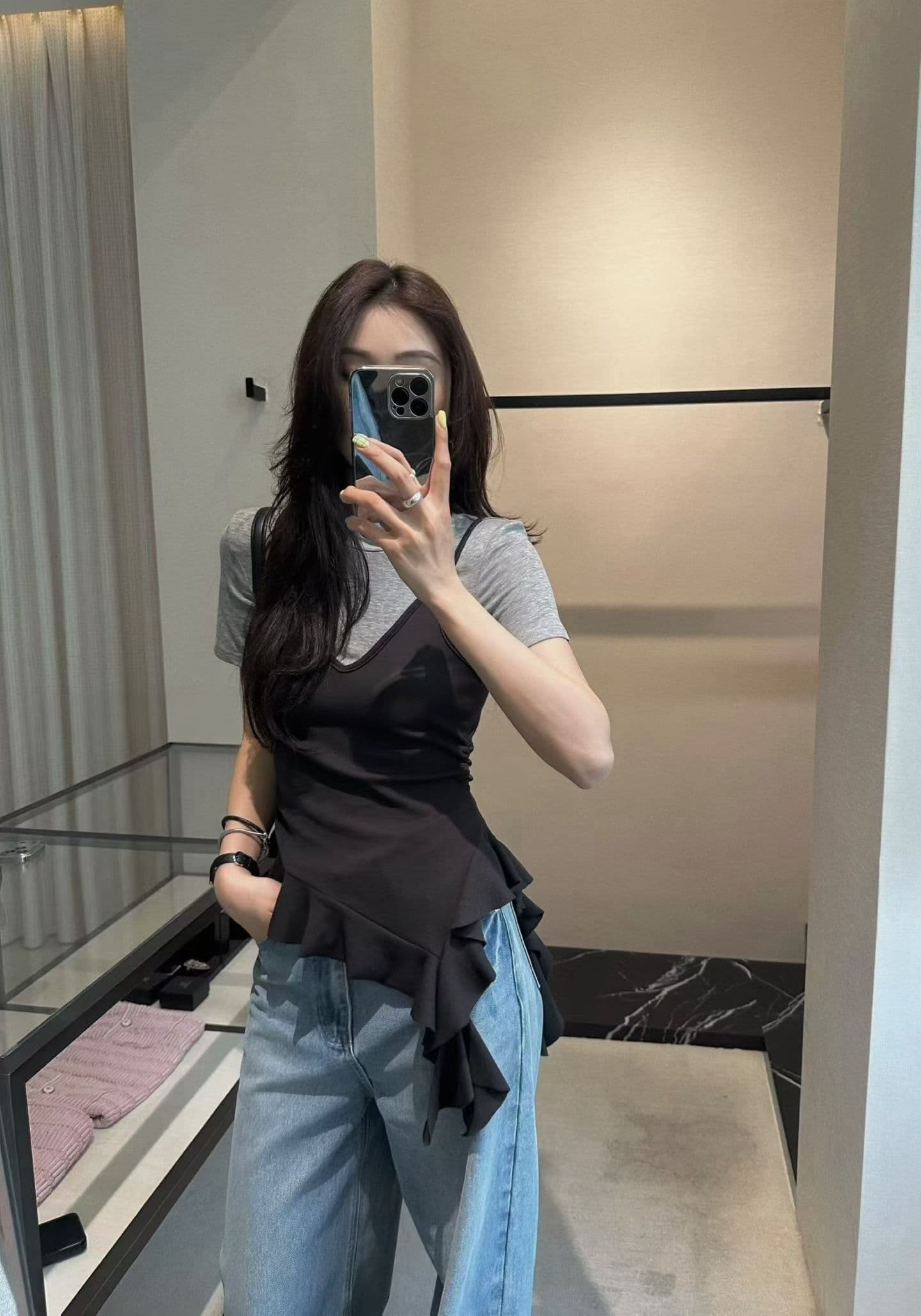 260g 사람들 면 와 사고 방식 불규칙 프릴 반팔 몸매 가꾸기 패치워크 색상 몸매 가꾸기 페이크 레이어드 맨위 상세 이미지 21
