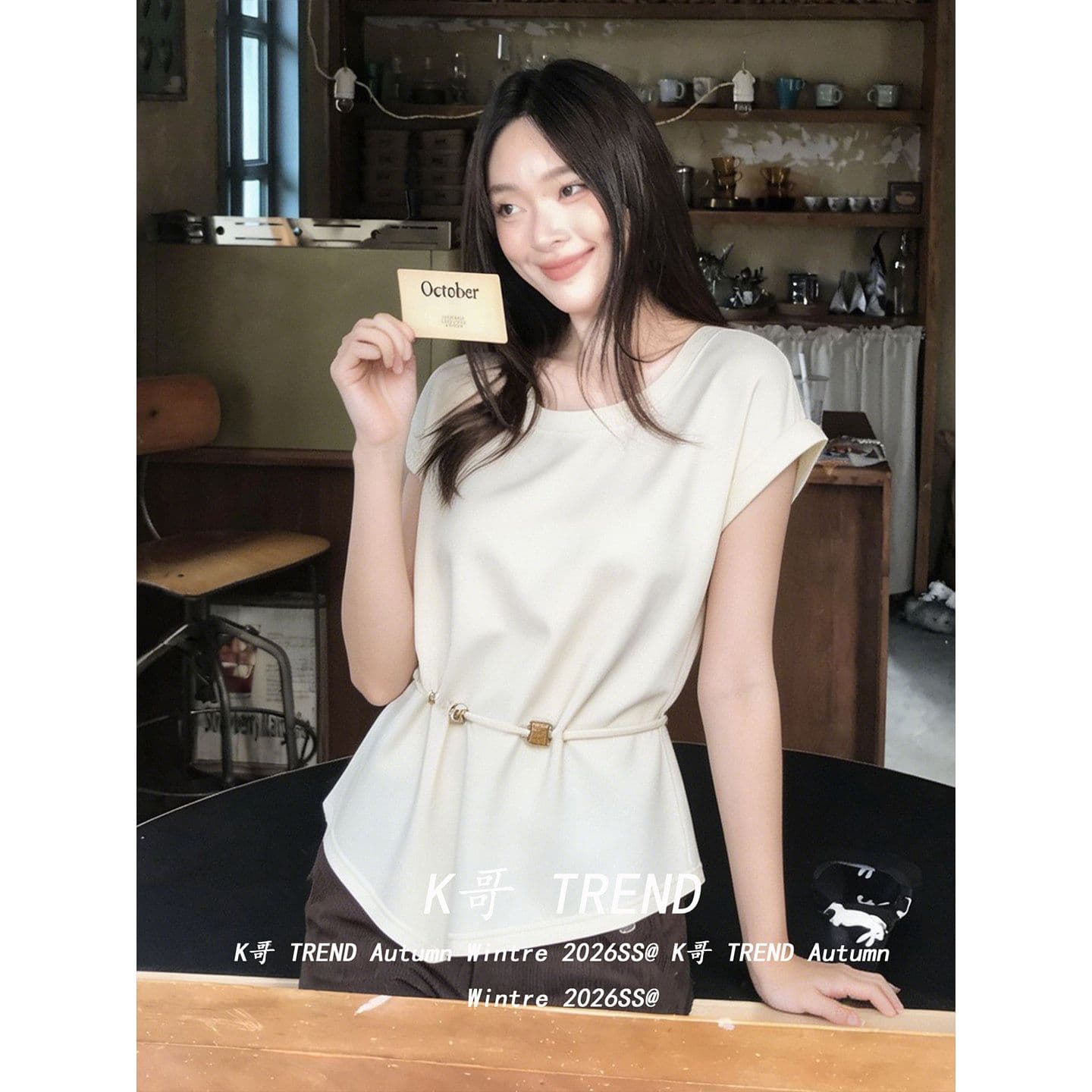 품격 고급 센스 살구 색상 반팔 티셔츠 여성 여름 불규칙 허리 수축 작은 날다 소매 맨위 이미지 3
