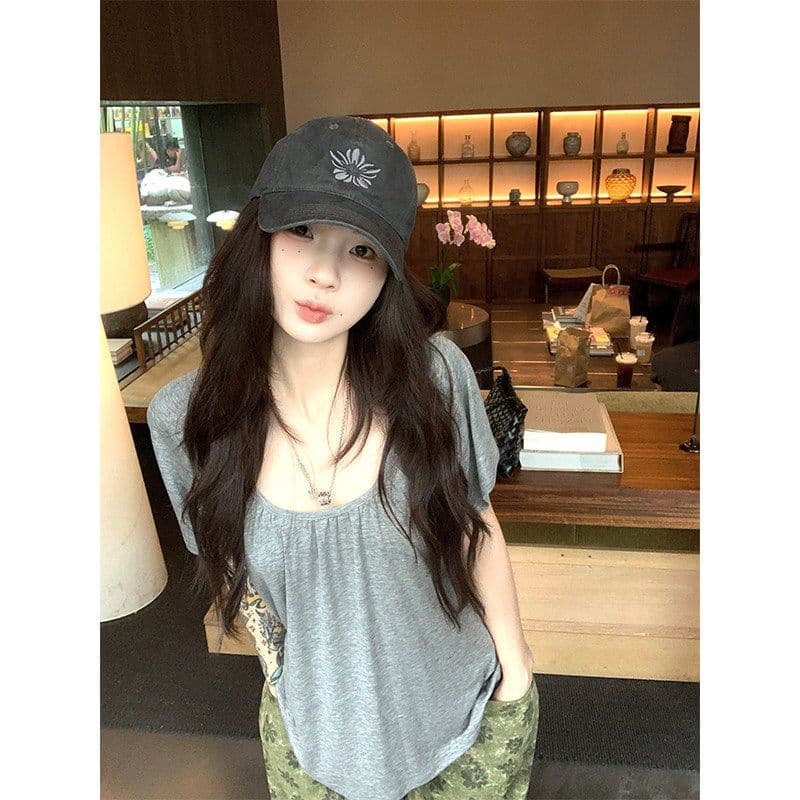 느긋한 u 칼라 반팔 티셔츠 여성 의류 여름 한 부서 고급 센스 다용도 캐주얼 주름 부드러운 찹쌀 맨위 상세 이미지 2