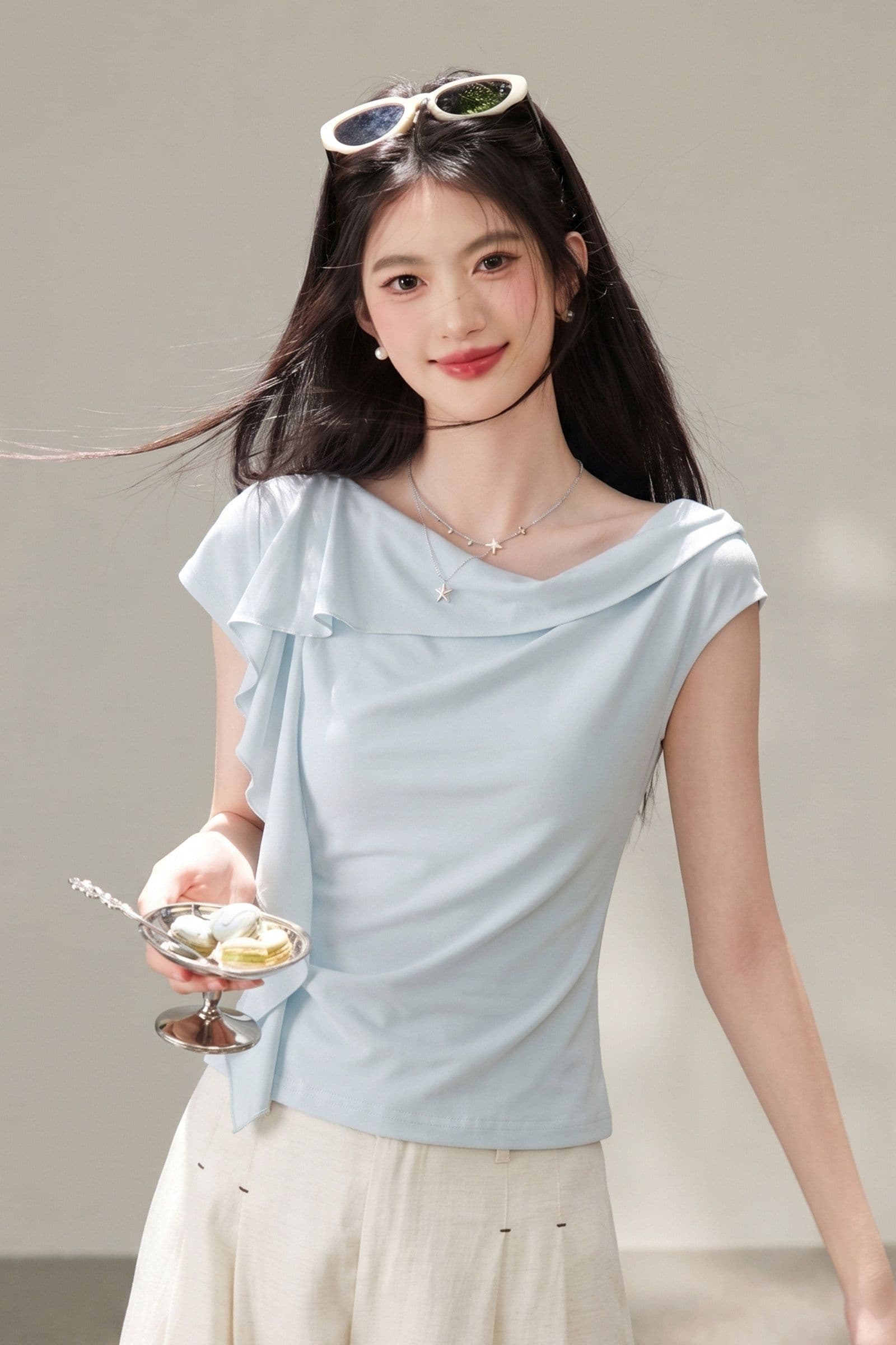 브라운 고급 센스 티셔츠 여성 여름 새로운 작은 날다 소매 몸매 가꾸기 품격 비대칭 맨위 상세 이미지 11
