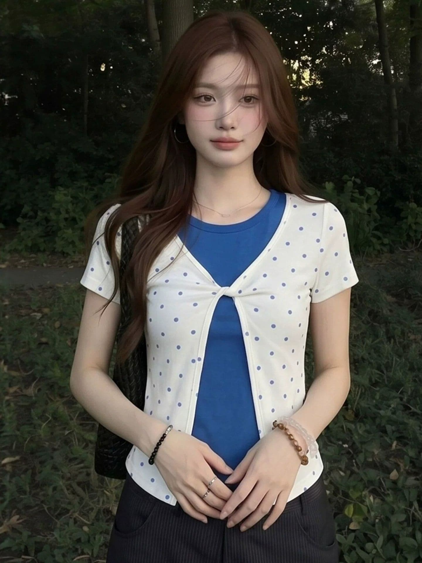 40 사람들 면 천 워터 마크 도트 긍정적 인 어깨 페이크 레이어드 여름 새로운 몸매 가꾸기 슬림해 보이는 맨위 상세 이미지 2