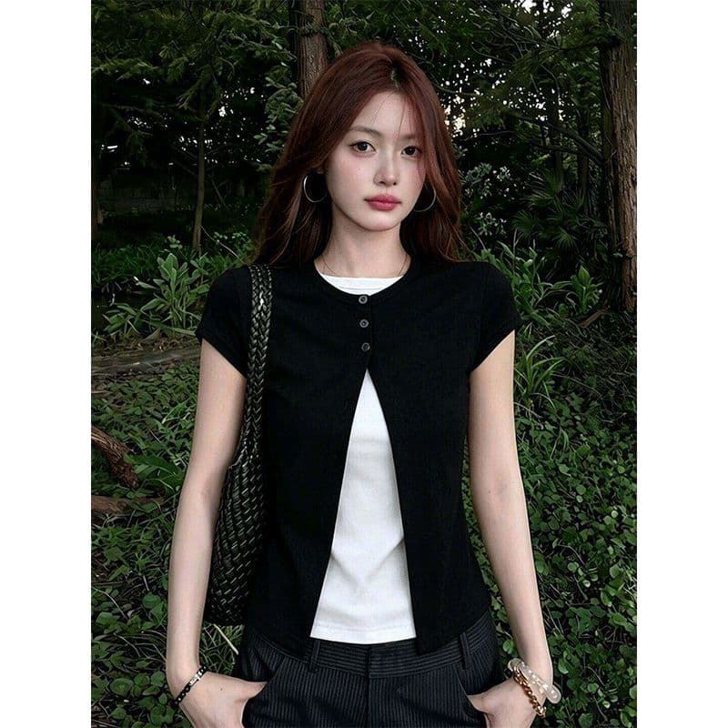 순면 리브 당겨 프레임 페이크 레이어드 티셔츠 여성 의류 여름 디자인 센스 연령 감소 다용도 풀오버 반팔 상세 이미지 2