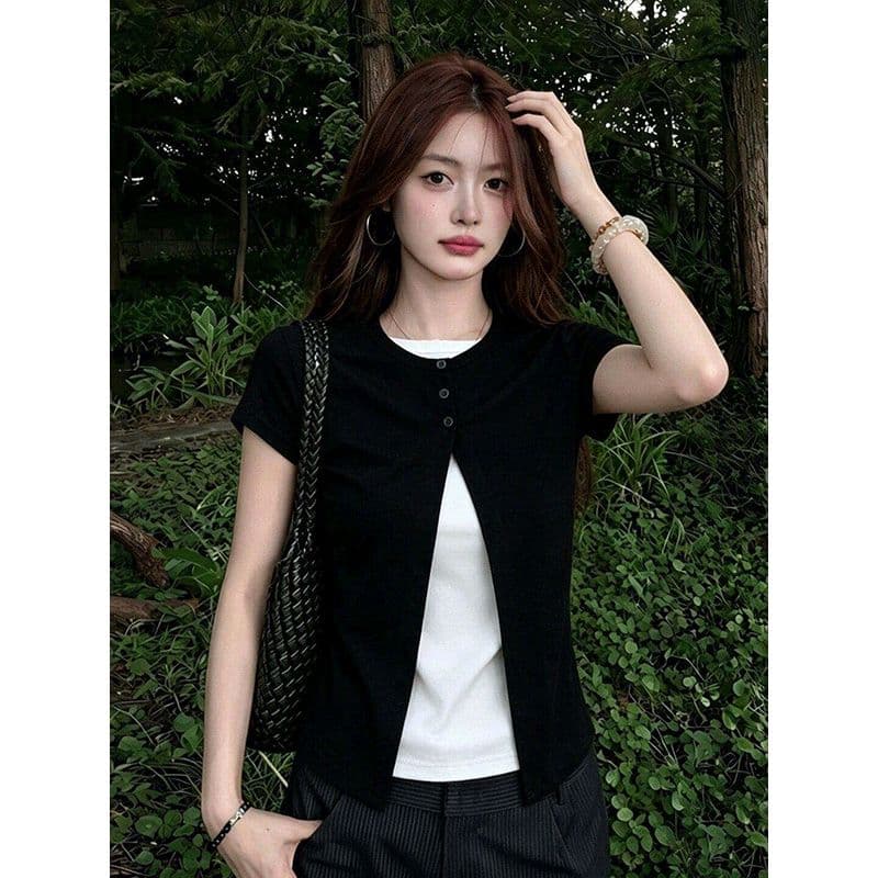 순면 리브 당겨 프레임 페이크 레이어드 티셔츠 여성 의류 여름 디자인 센스 연령 감소 다용도 풀오버 반팔 상세 이미지 7