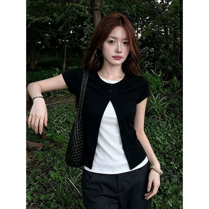순면 리브 당겨 프레임 페이크 레이어드 티셔츠 여성 의류 여름 디자인 센스 연령 감소 다용도 풀오버 반팔 상세 이미지 9