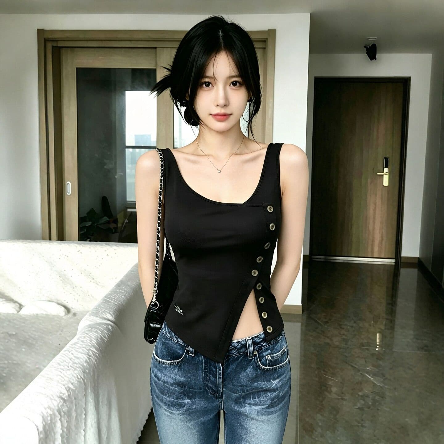 순면 리브 당겨 프레임 단추 여성 여름 새로운 고유 한 아름다운 비스듬한 어깨 의류 상세 이미지 3