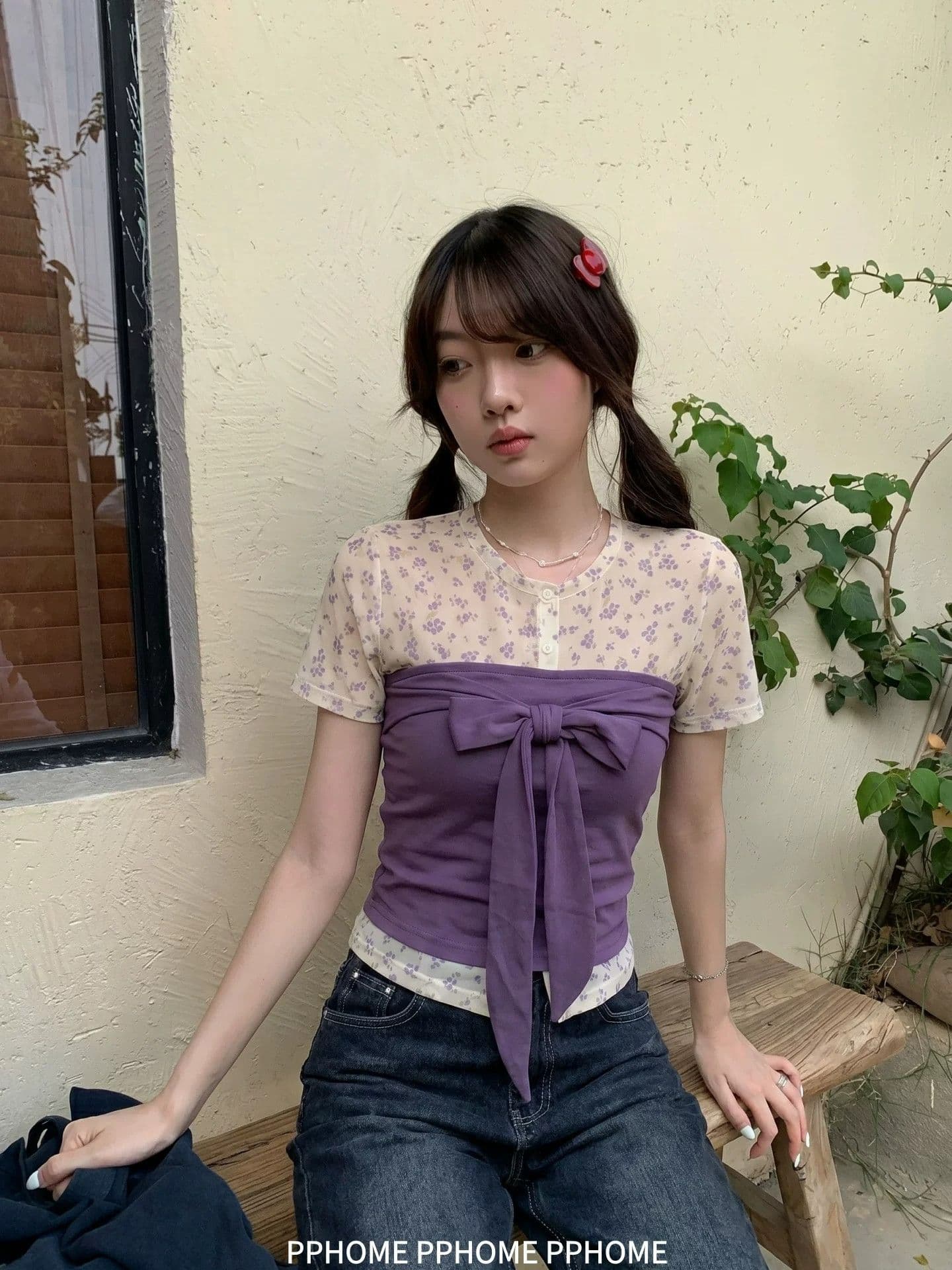 40 사람들 면 40d 메시 원단 프린트 사실 투피스 세트 여름 나비 넥타이 허리 수축 몸매 가꾸기 상세 이미지 11