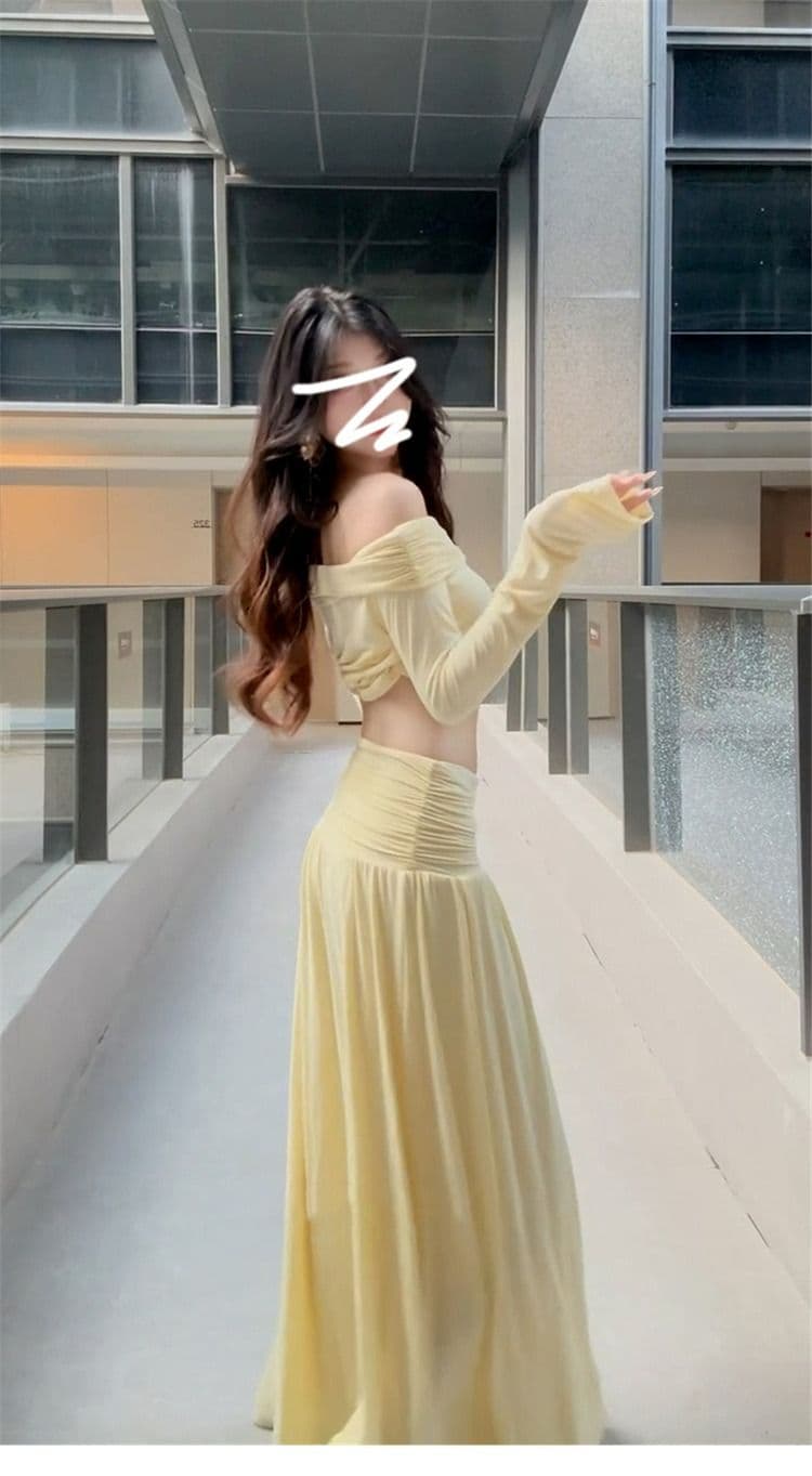 핫걸 바람 품격 오프숄더 긴팔 티셔츠 여성 의류 이른 가을 하이웨이스트 A라인 스커트 반신 스커트 투피스 세트 상세 이미지 11