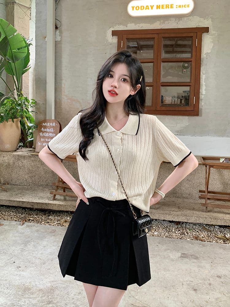 홀로우 아웃 반팔 니트 스웨터 여성 2026 년 새로운 한 부서 Chic 디자인 센스 얼음 실크 쇼트 스타일 얇은 스타일 맨위 티셔츠 상세 이미지 1