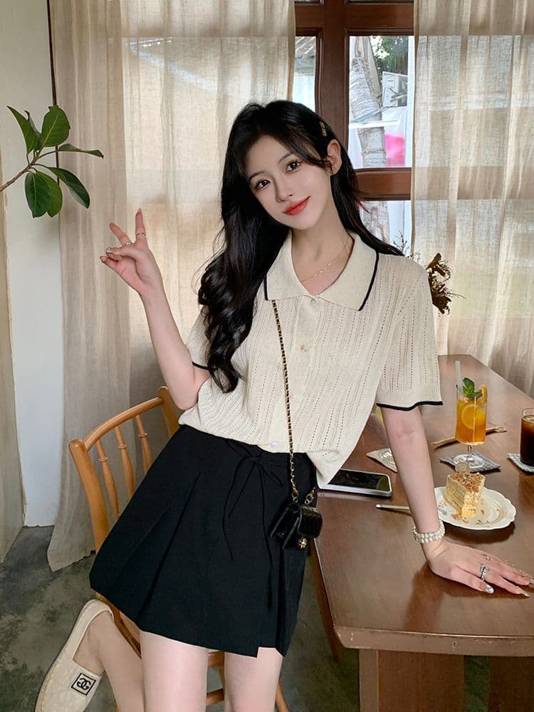 홀로우 아웃 반팔 니트 스웨터 여성 2026 년 새로운 한 부서 Chic 디자인 센스 얼음 실크 쇼트 스타일 얇은 스타일 맨위 티셔츠 상세 이미지 2