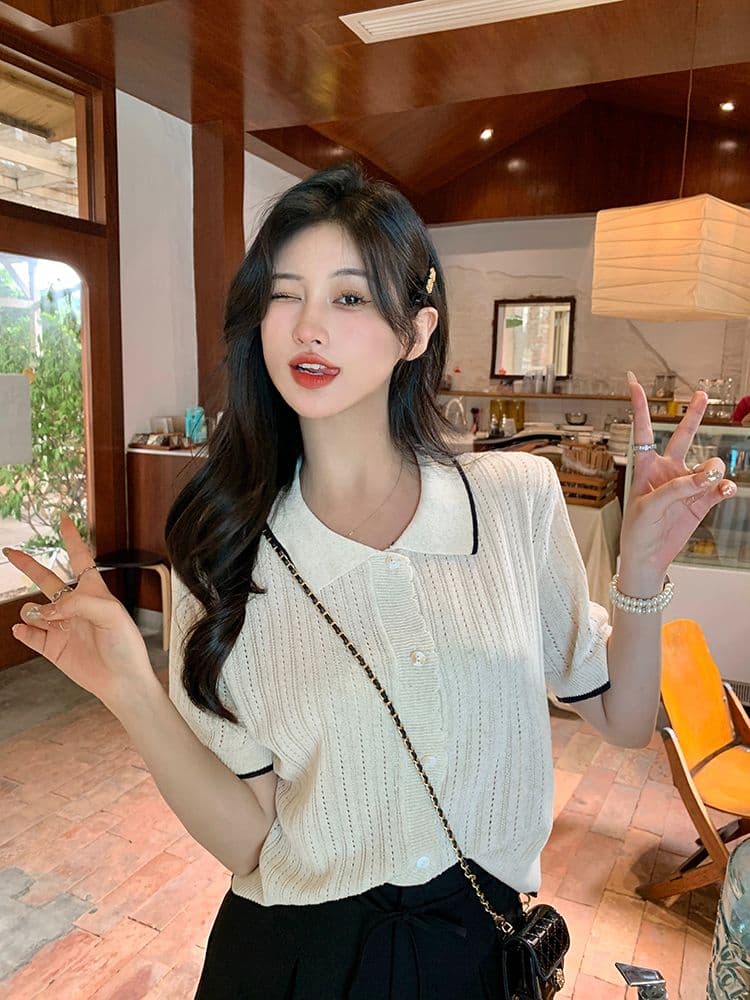 홀로우 아웃 반팔 니트 스웨터 여성 2026 년 새로운 한 부서 Chic 디자인 센스 얼음 실크 쇼트 스타일 얇은 스타일 맨위 티셔츠 상세 이미지 3