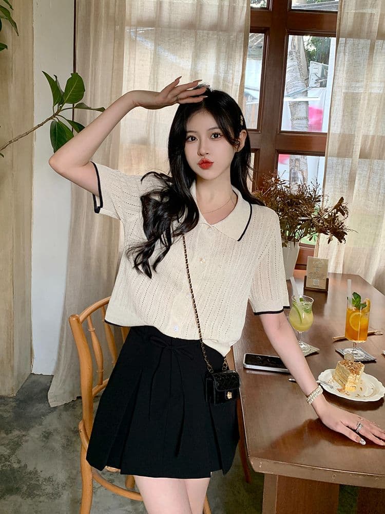 홀로우 아웃 반팔 니트 스웨터 여성 2026 년 새로운 한 부서 Chic 디자인 센스 얼음 실크 쇼트 스타일 얇은 스타일 맨위 티셔츠 상세 이미지 4