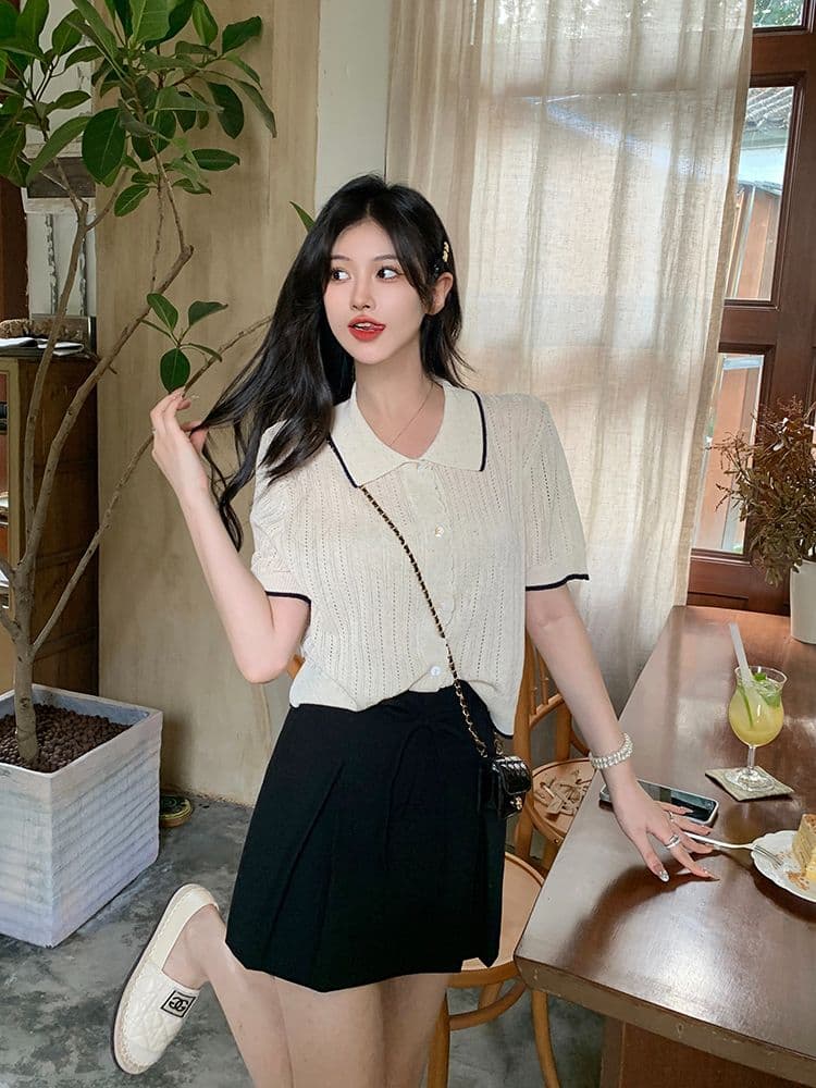 홀로우 아웃 반팔 니트 스웨터 여성 2026 년 새로운 한 부서 Chic 디자인 센스 얼음 실크 쇼트 스타일 얇은 스타일 맨위 티셔츠 상세 이미지 7