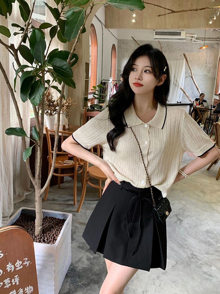 홀로우 아웃 반팔 니트 스웨터 여성 2026 년 새로운 한 부서 Chic 디자인 센스 얼음 실크 쇼트 스타일 얇은 스타일 맨위 티셔츠 상세 이미지 10