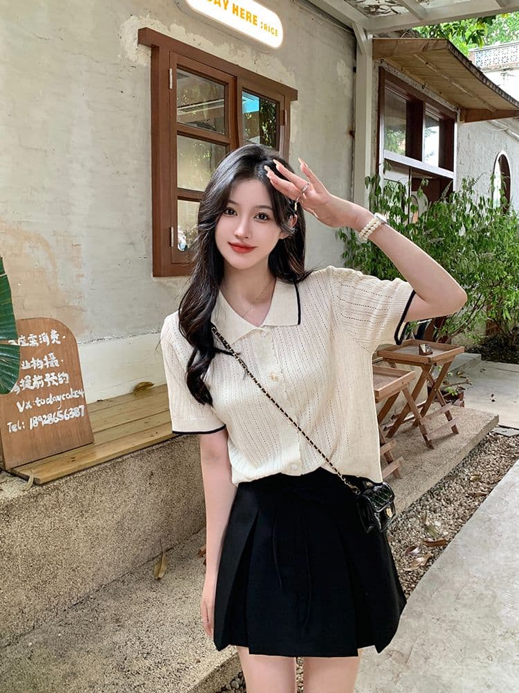 홀로우 아웃 반팔 니트 스웨터 여성 2026 년 새로운 한 부서 Chic 디자인 센스 얼음 실크 쇼트 스타일 얇은 스타일 맨위 티셔츠 상세 이미지 12