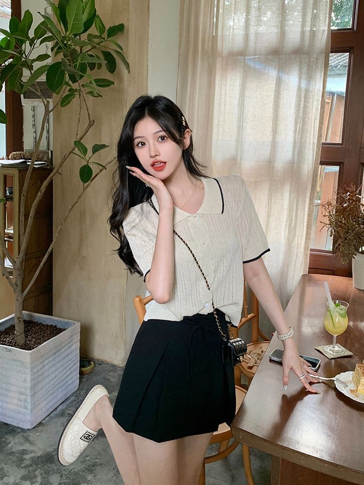 홀로우 아웃 반팔 니트 스웨터 여성 2026 년 새로운 한 부서 Chic 디자인 센스 얼음 실크 쇼트 스타일 얇은 스타일 맨위 티셔츠 상세 이미지 14