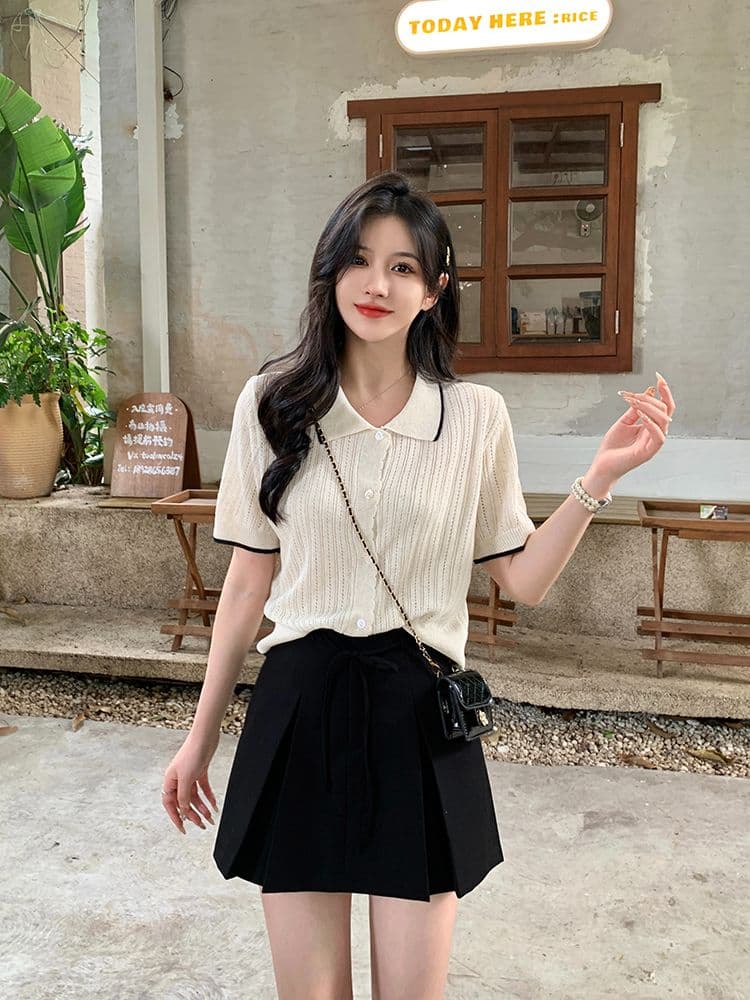 홀로우 아웃 반팔 니트 스웨터 여성 2026 년 새로운 한 부서 Chic 디자인 센스 얼음 실크 쇼트 스타일 얇은 스타일 맨위 티셔츠 상세 이미지 15