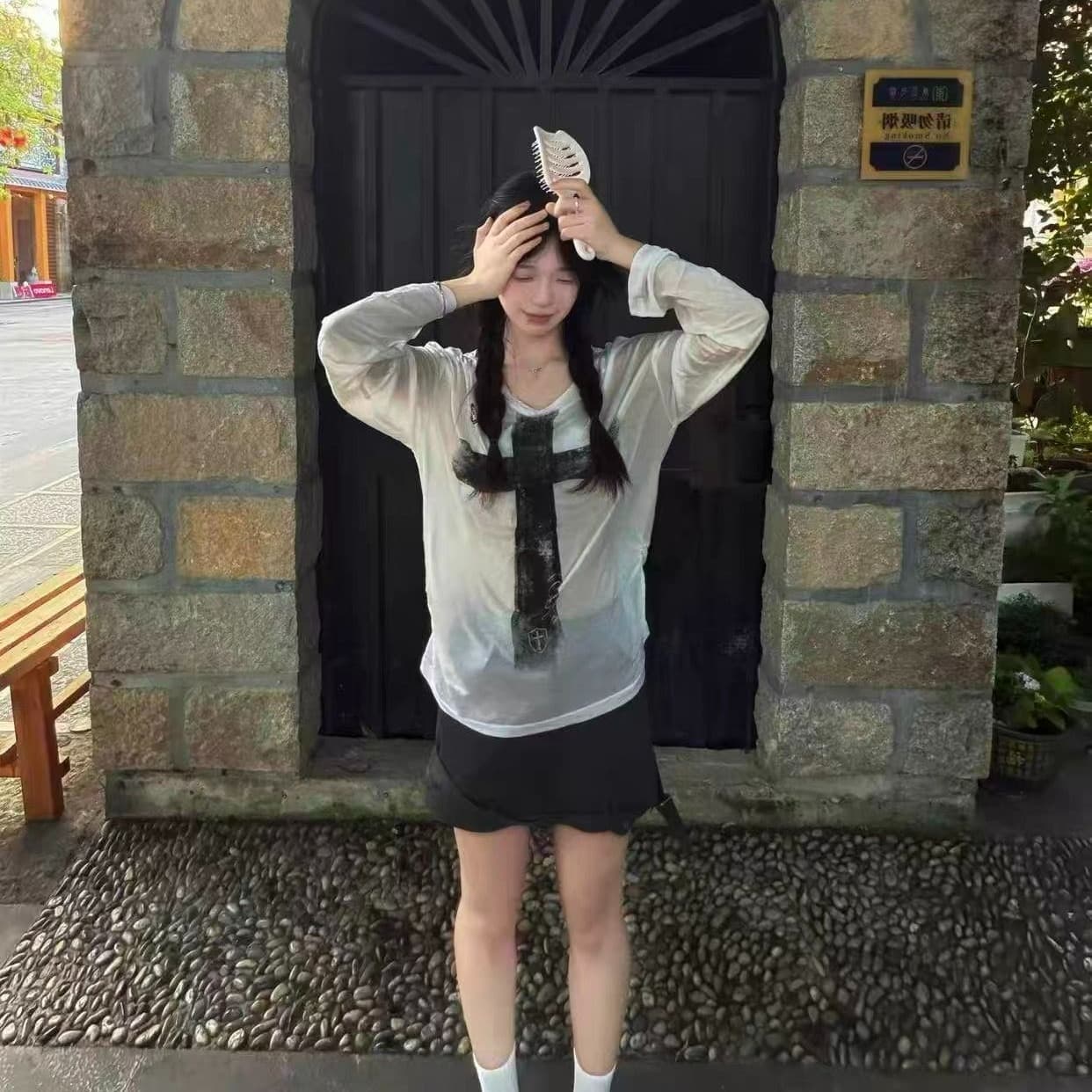 라이 경기 서울 눈꽃 면 광저우 원단 반팔 티셔츠 여성 이미지 5