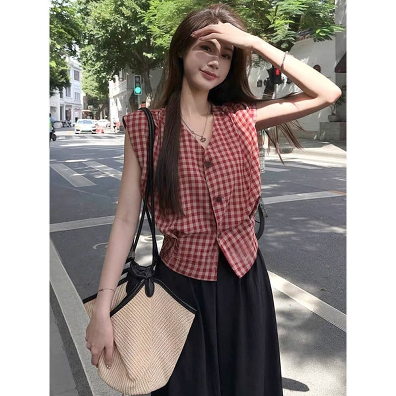 컬러 짜임 그리드 레트로 빨간색 체크무늬 조끼 민소매 여성 셔츠 디자인 센스 여름 꼬집기 허리 위로 의류 상세 이미지 6