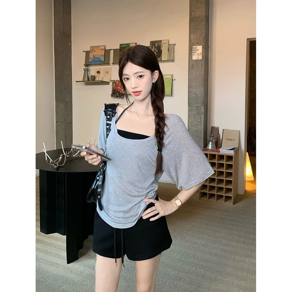 주간 실크 리브 사람들 면 한 부서 순수한 욕망 행침 목 슬립 스택 착용 루즈핏 티셔츠 여성 여름 패션 세트 트렌디 이미지 3