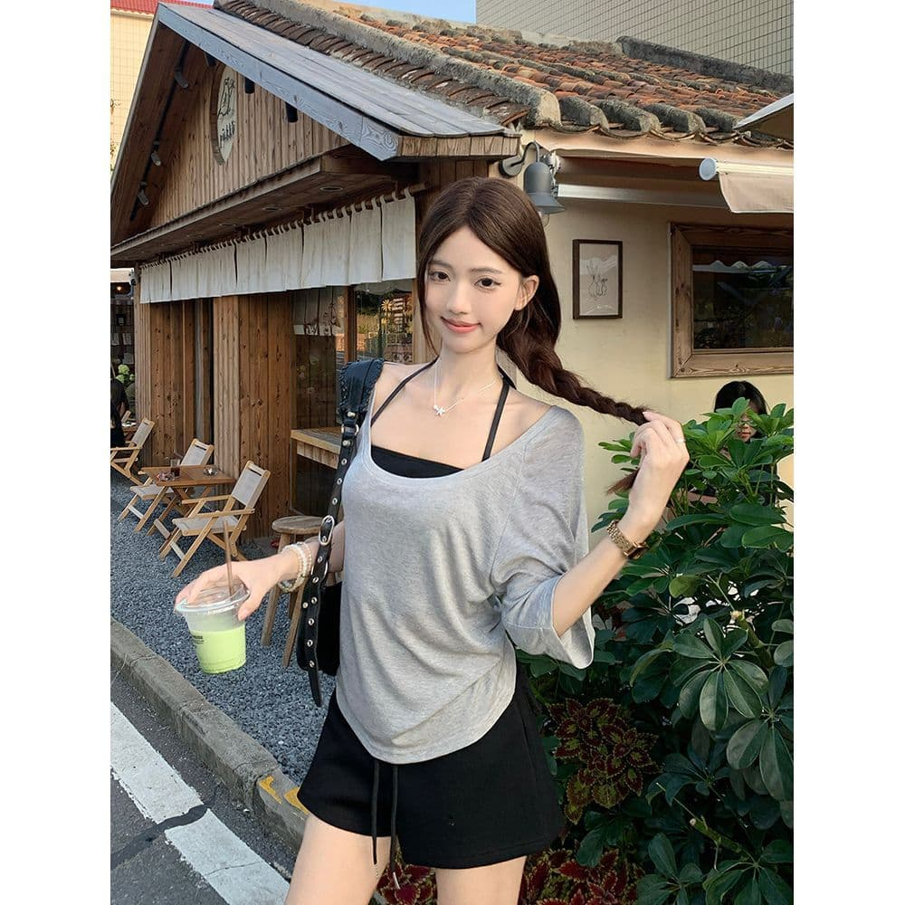 주간 실크 리브 사람들 면 한 부서 순수한 욕망 행침 목 슬립 스택 착용 루즈핏 티셔츠 여성 여름 패션 세트 트렌디 이미지 4