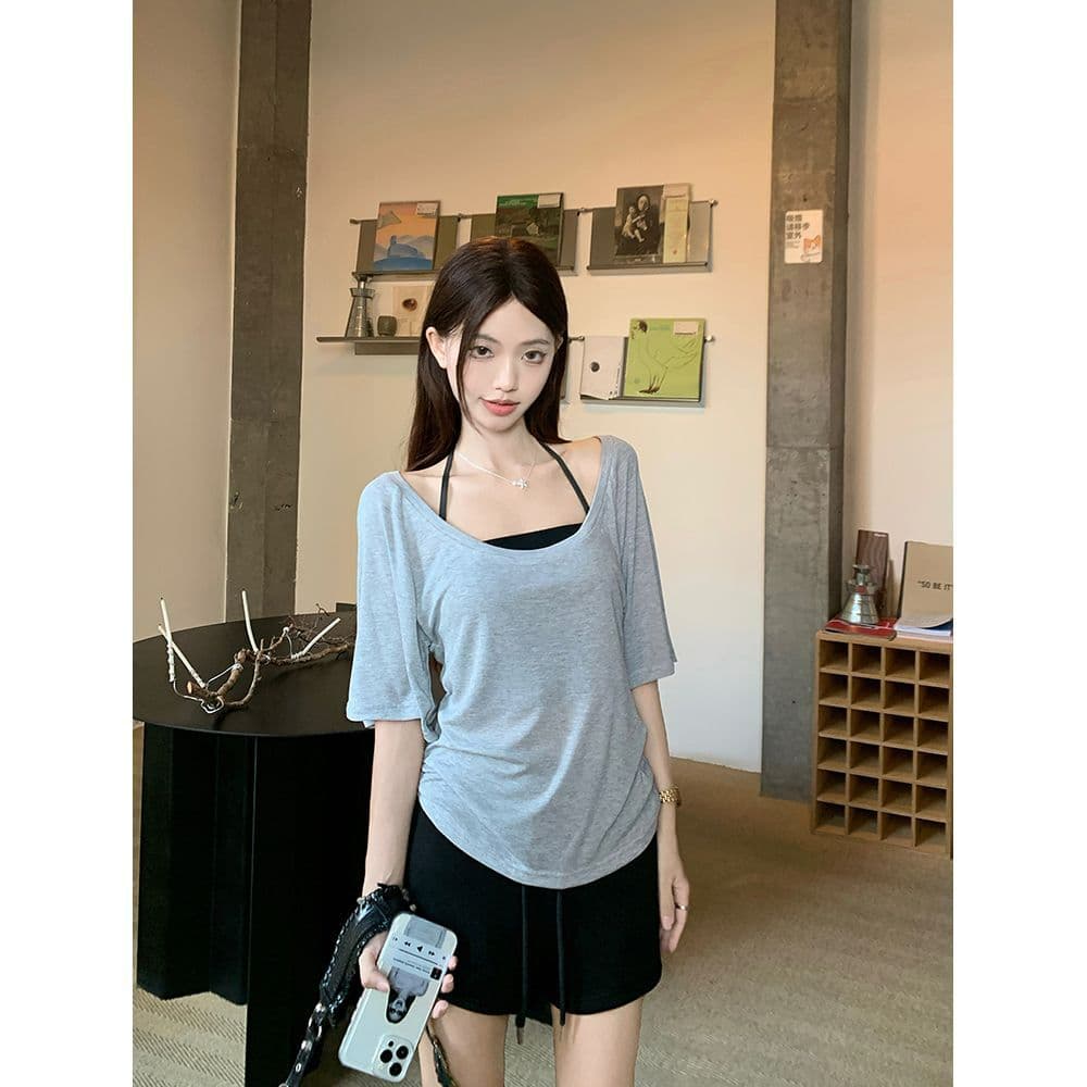 주간 실크 리브 사람들 면 한 부서 순수한 욕망 행침 목 슬립 스택 착용 루즈핏 티셔츠 여성 여름 패션 세트 트렌디 이미지 2