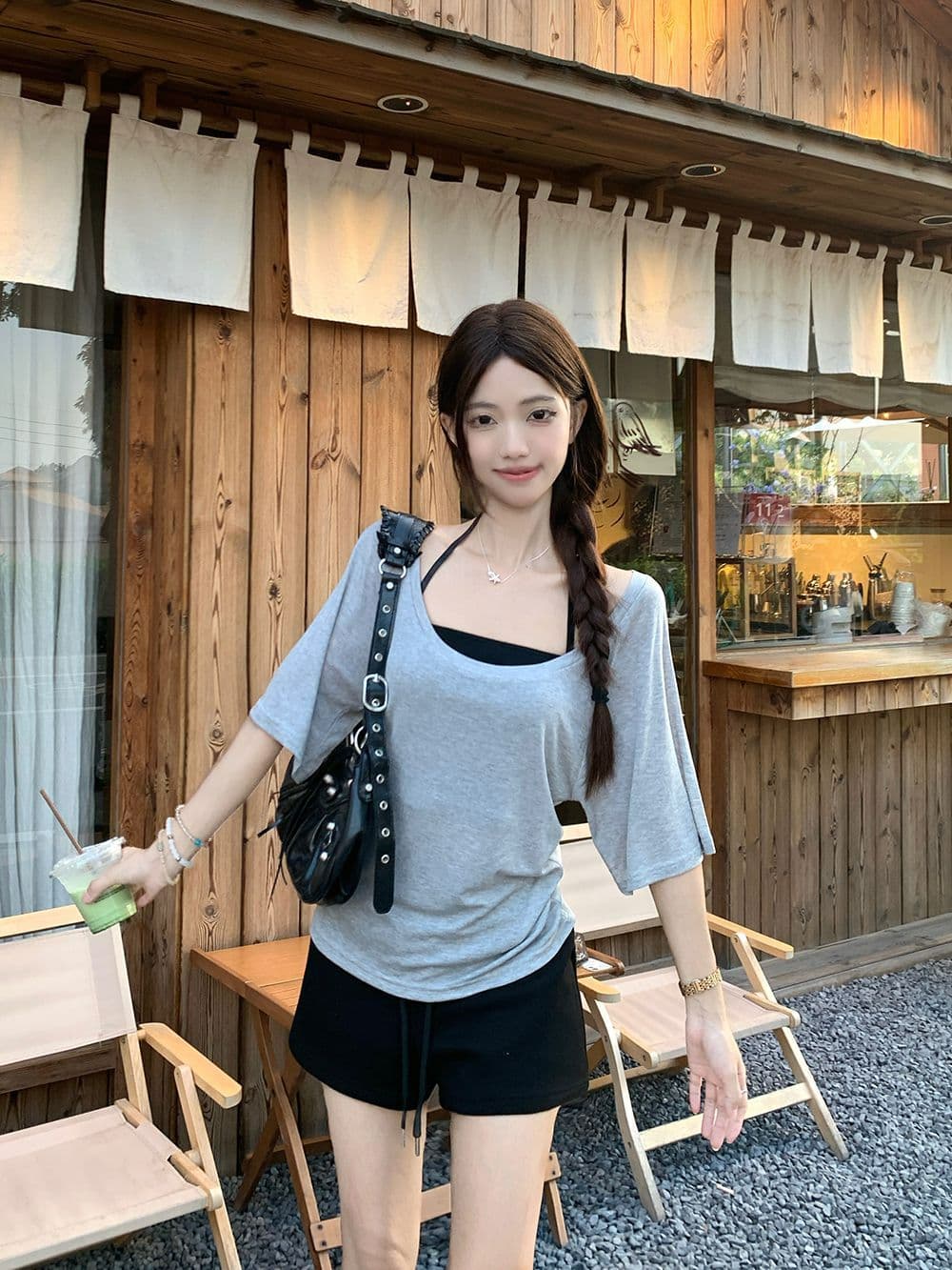 주간 실크 리브 사람들 면 한 부서 순수한 욕망 행침 목 슬립 스택 착용 루즈핏 티셔츠 여성 여름 패션 세트 트렌디 상세 이미지 3