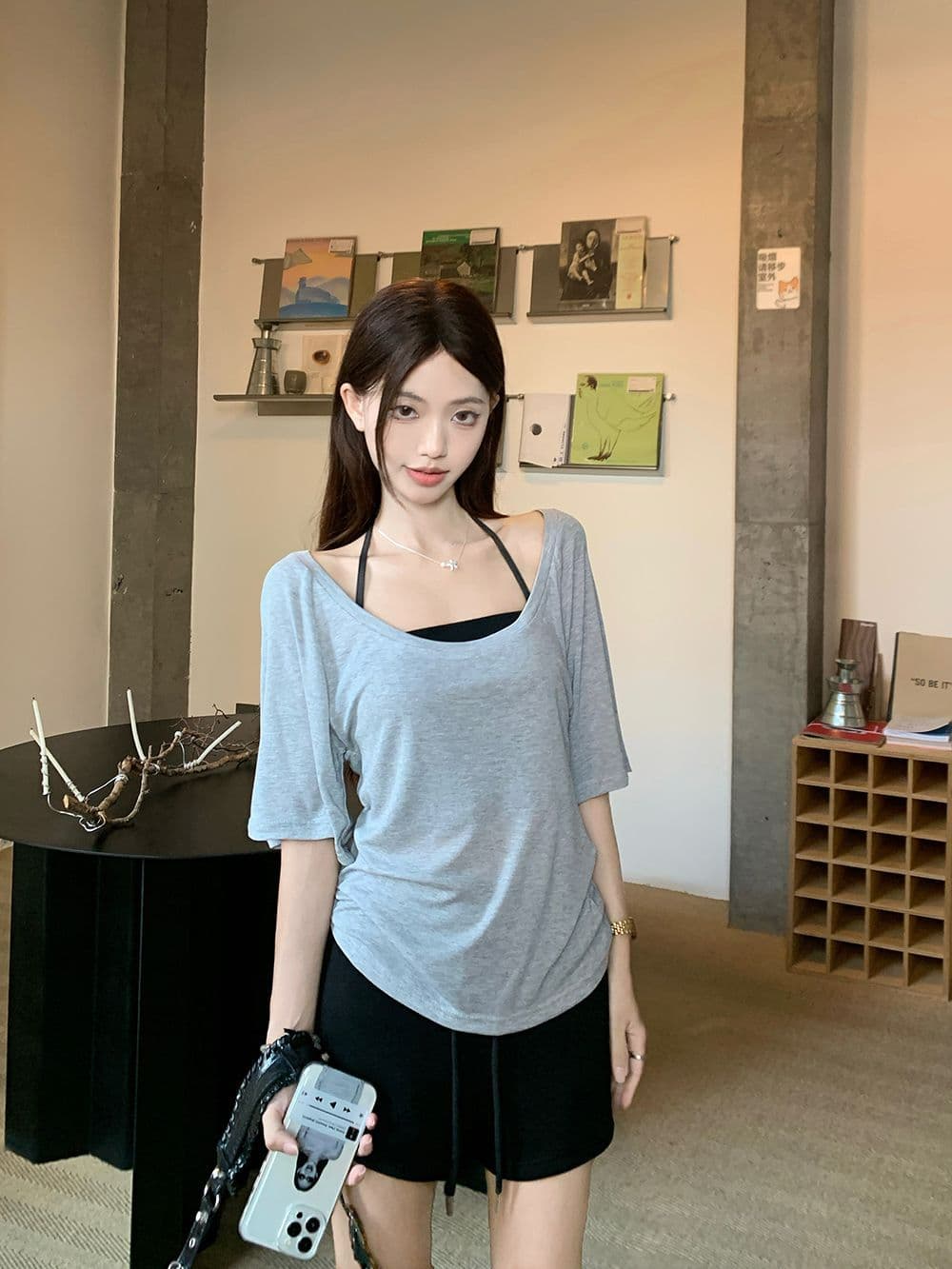 주간 실크 리브 사람들 면 한 부서 순수한 욕망 행침 목 슬립 스택 착용 루즈핏 티셔츠 여성 여름 패션 세트 트렌디 상세 이미지 8