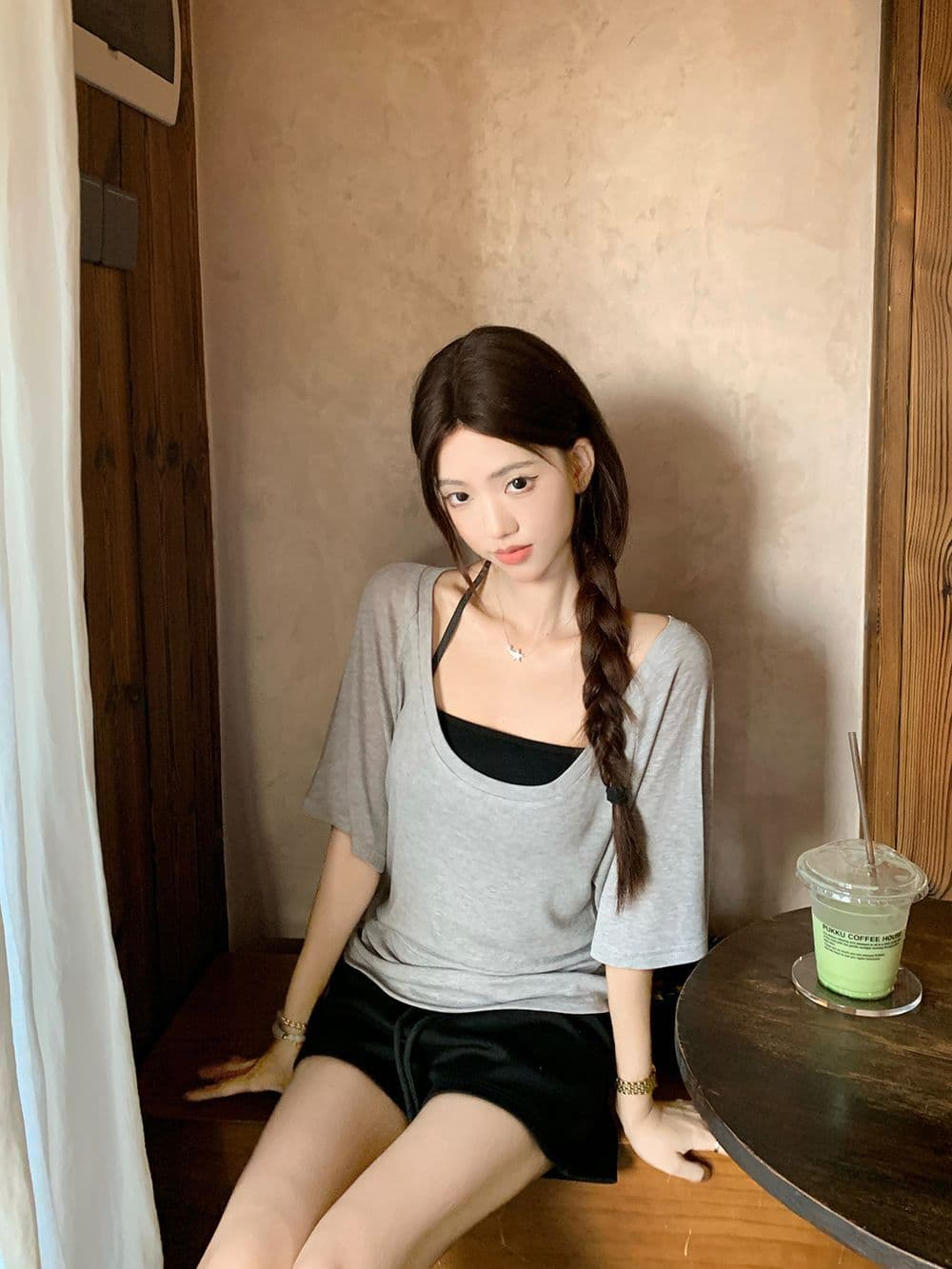 주간 실크 리브 사람들 면 한 부서 순수한 욕망 행침 목 슬립 스택 착용 루즈핏 티셔츠 여성 여름 패션 세트 트렌디 상세 이미지 9