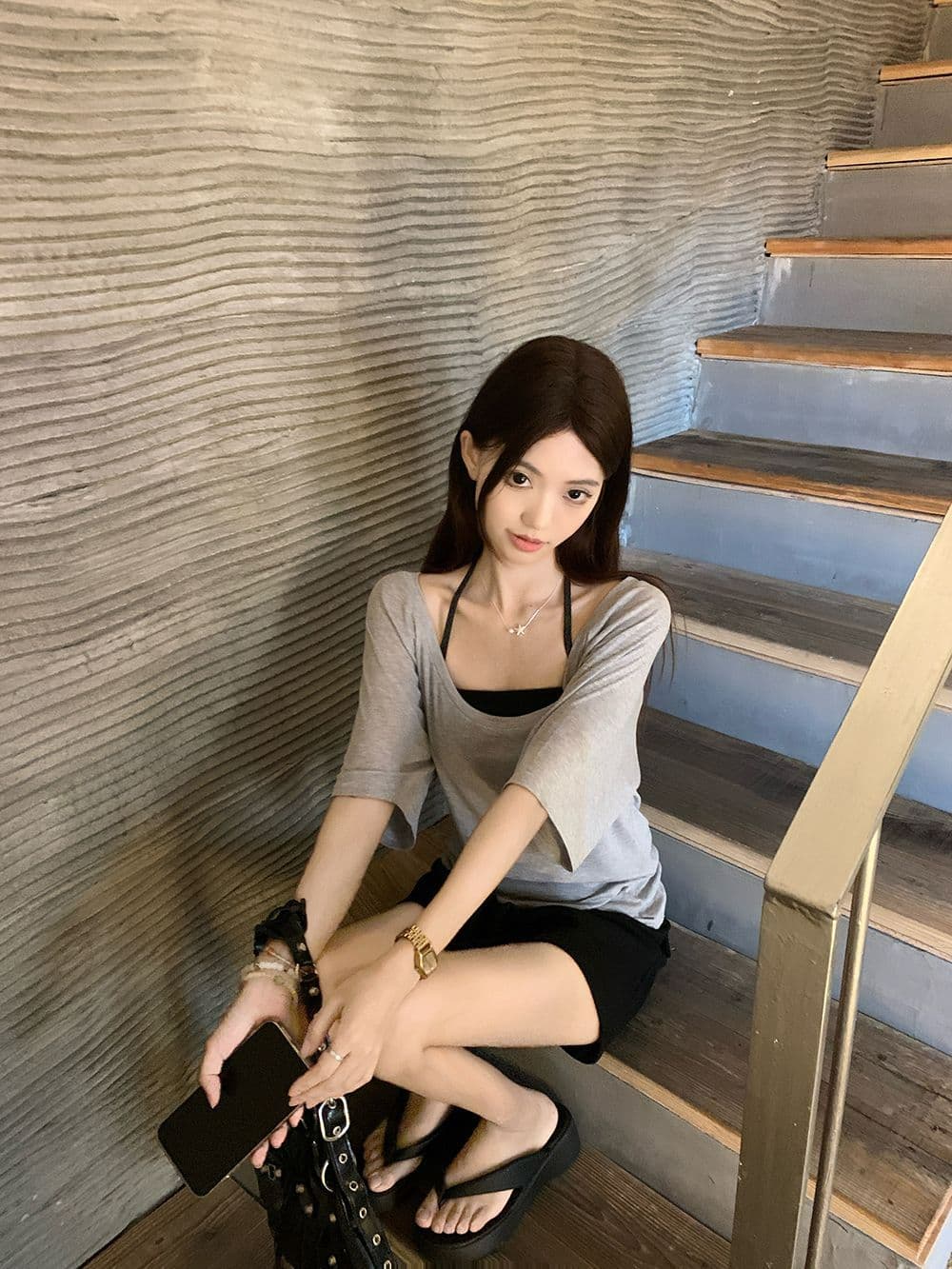 주간 실크 리브 사람들 면 한 부서 순수한 욕망 행침 목 슬립 스택 착용 루즈핏 티셔츠 여성 여름 패션 세트 트렌디 상세 이미지 11