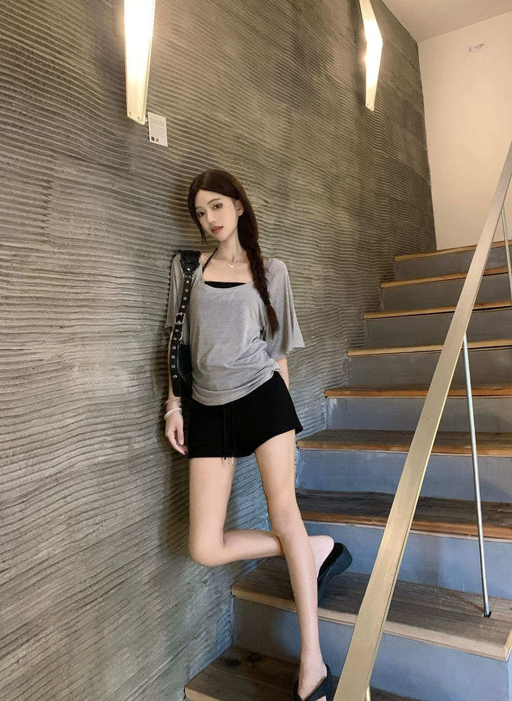 주간 실크 리브 사람들 면 한 부서 순수한 욕망 행침 목 슬립 스택 착용 루즈핏 티셔츠 여성 여름 패션 세트 트렌디 상세 이미지 12