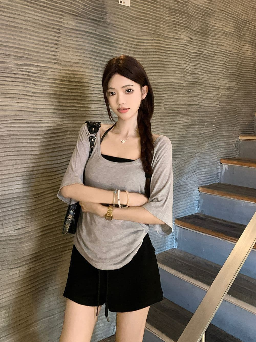 주간 실크 리브 사람들 면 한 부서 순수한 욕망 행침 목 슬립 스택 착용 루즈핏 티셔츠 여성 여름 패션 세트 트렌디 상세 이미지 13