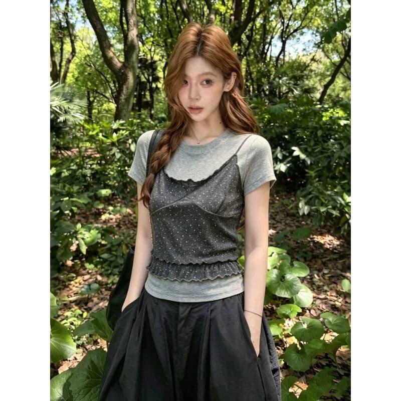 도트 무늬 패치워크 페이크 레이어드 맨위 여성 여름 새로운 디자인 센스 회색 긍정적 인 어깨 반팔 티셔츠 이미지 5