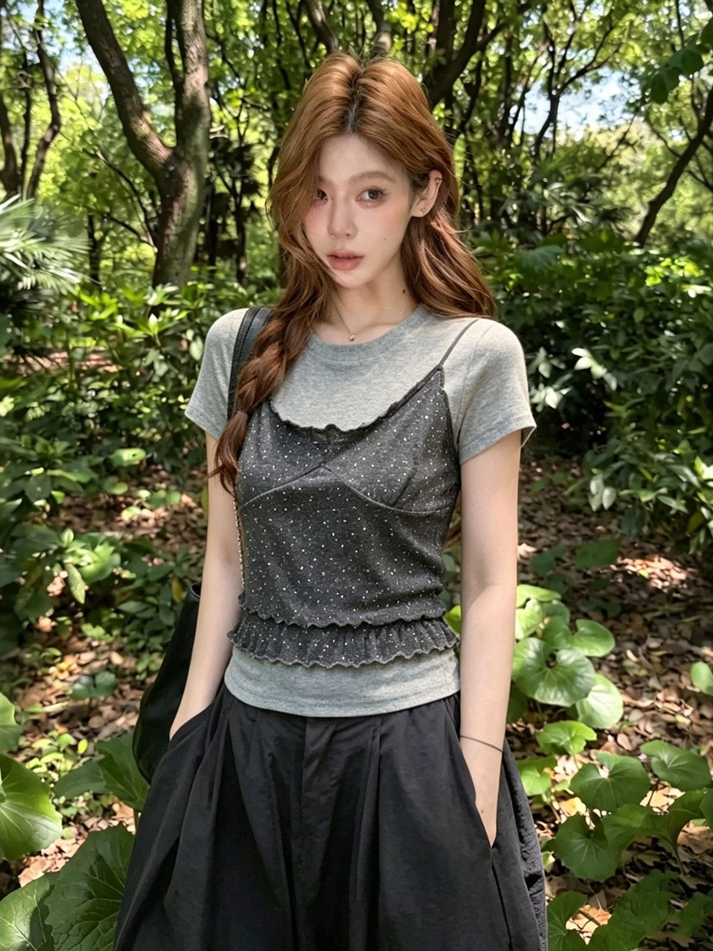 도트 무늬 패치워크 페이크 레이어드 맨위 여성 여름 새로운 디자인 센스 회색 긍정적 인 어깨 반팔 티셔츠 상세 이미지 2