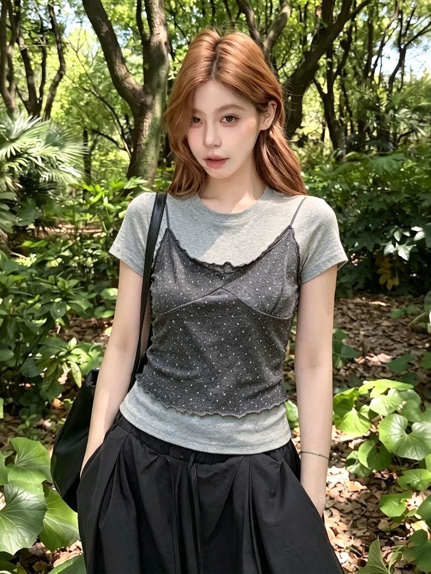 도트 무늬 패치워크 페이크 레이어드 맨위 여성 여름 새로운 디자인 센스 회색 긍정적 인 어깨 반팔 티셔츠 상세 이미지 3