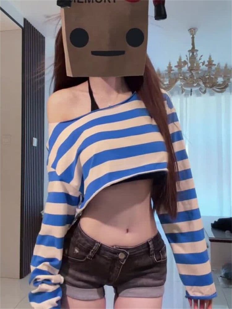 순면 당겨 프레임 아메리칸 핫걸 블루 화이트 스트라이프 비스듬한 어깨 긴팔 티셔츠 여성 작은 키 하이웨이스트 쇼트 스타일 이슬 뼈의 맨위 이미지 2