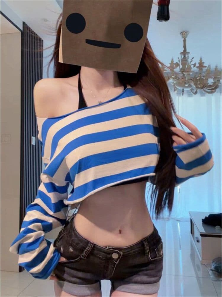 순면 당겨 프레임 아메리칸 핫걸 블루 화이트 스트라이프 비스듬한 어깨 긴팔 티셔츠 여성 작은 키 하이웨이스트 쇼트 스타일 이슬 뼈의 맨위 상세 이미지 2