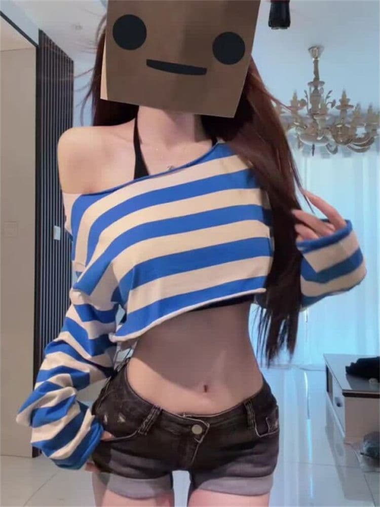 순면 당겨 프레임 아메리칸 핫걸 블루 화이트 스트라이프 비스듬한 어깨 긴팔 티셔츠 여성 작은 키 하이웨이스트 쇼트 스타일 이슬 뼈의 맨위 상세 이미지 3
