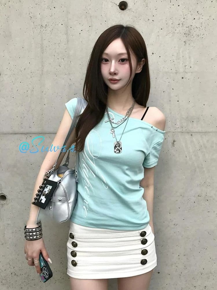 40 순면 도파민 착용 가져 가라. 알파벳 프린트 박하 녹색 반팔 티셔츠 여성 여름 핫걸 한 부서 비스듬한 어깨 의류 상세 이미지 2