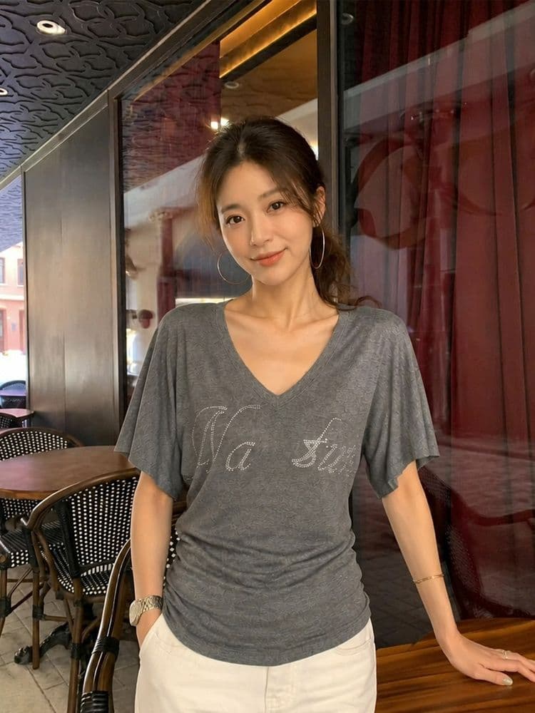 260 그램 모달 주름 허리 수축 프랑스식 무거운 작업 알파벳 핫픽스 V넥 반팔 티셔츠 여성 여름 슬림해 보이는 맨위 이미지 4