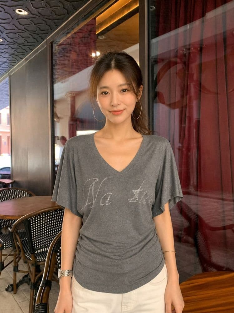 260 그램 모달 주름 허리 수축 프랑스식 무거운 작업 알파벳 핫픽스 V넥 반팔 티셔츠 여성 여름 슬림해 보이는 맨위 상세 이미지 3