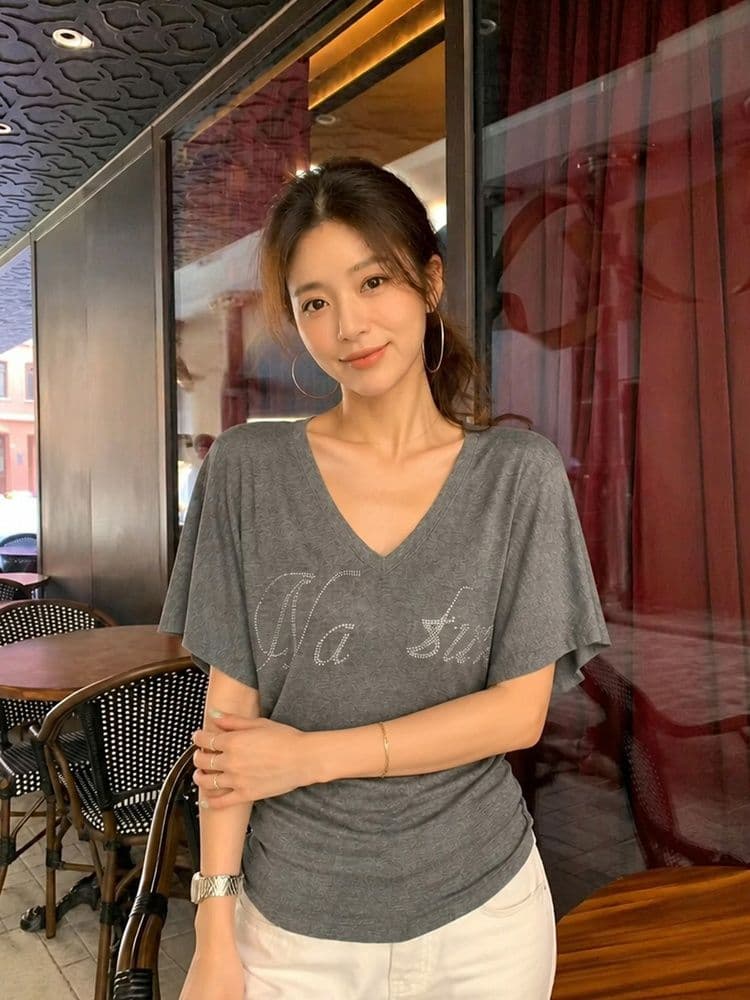 260 그램 모달 주름 허리 수축 프랑스식 무거운 작업 알파벳 핫픽스 V넥 반팔 티셔츠 여성 여름 슬림해 보이는 맨위 상세 이미지 4