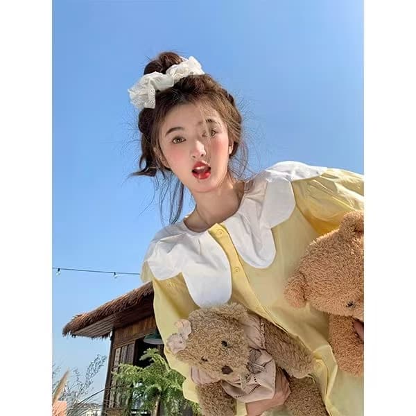빅 사이즈 연령 감소 달콤함 꽃잎 베이비 칼라 셔츠 맨위 여성 봄 새로운 디자인 센스 나팔 소매 긴팔 셔츠 상세 이미지 7
