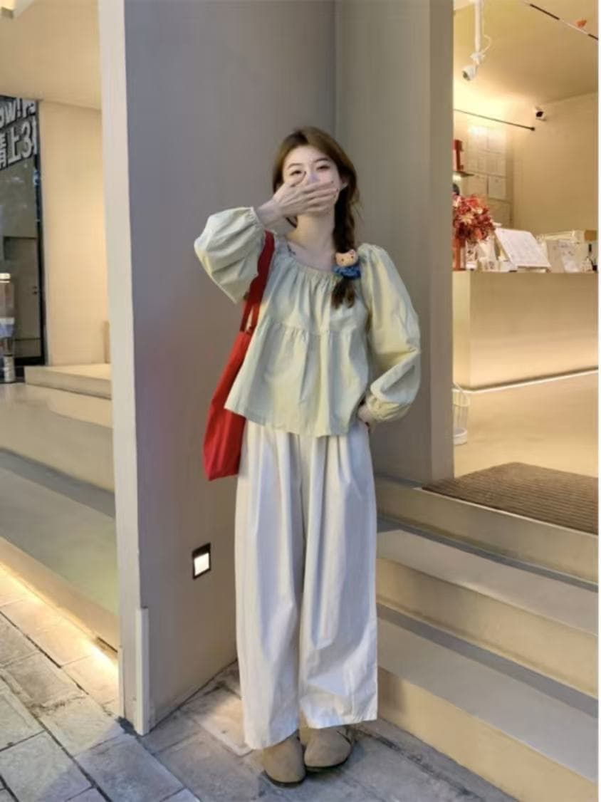 프랑스식 품격 광장 칼라 거품 소매 여성 셔츠 디자인 센스 작은 대중 달콤함 연령 감소 쇼트 스타일 인형 셔츠 봄 가을 맨위 이미지 4