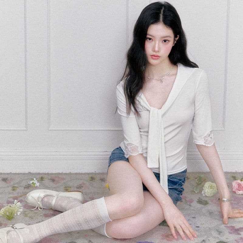 260g 사람들 면 와 사고 방식 한 부서 달콤함 레이스 스트랩 맨위 몸매 가꾸기 슬림해 보이는 티셔츠 이미지 3