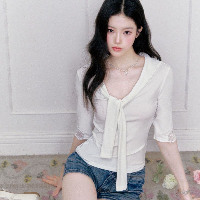 260g 사람들 면 와 사고 방식 한 부서 달콤함 레이스 스트랩 맨위 몸매 가꾸기 슬림해 보이는 티셔츠 이미지 2