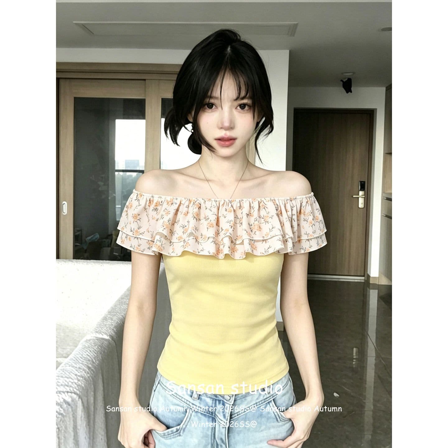 260g 사람들 면 와 사고 방식 한 부서 오프숄더 반팔 여성 프릴 이중층 꽃무늬 오프숄더 맨위