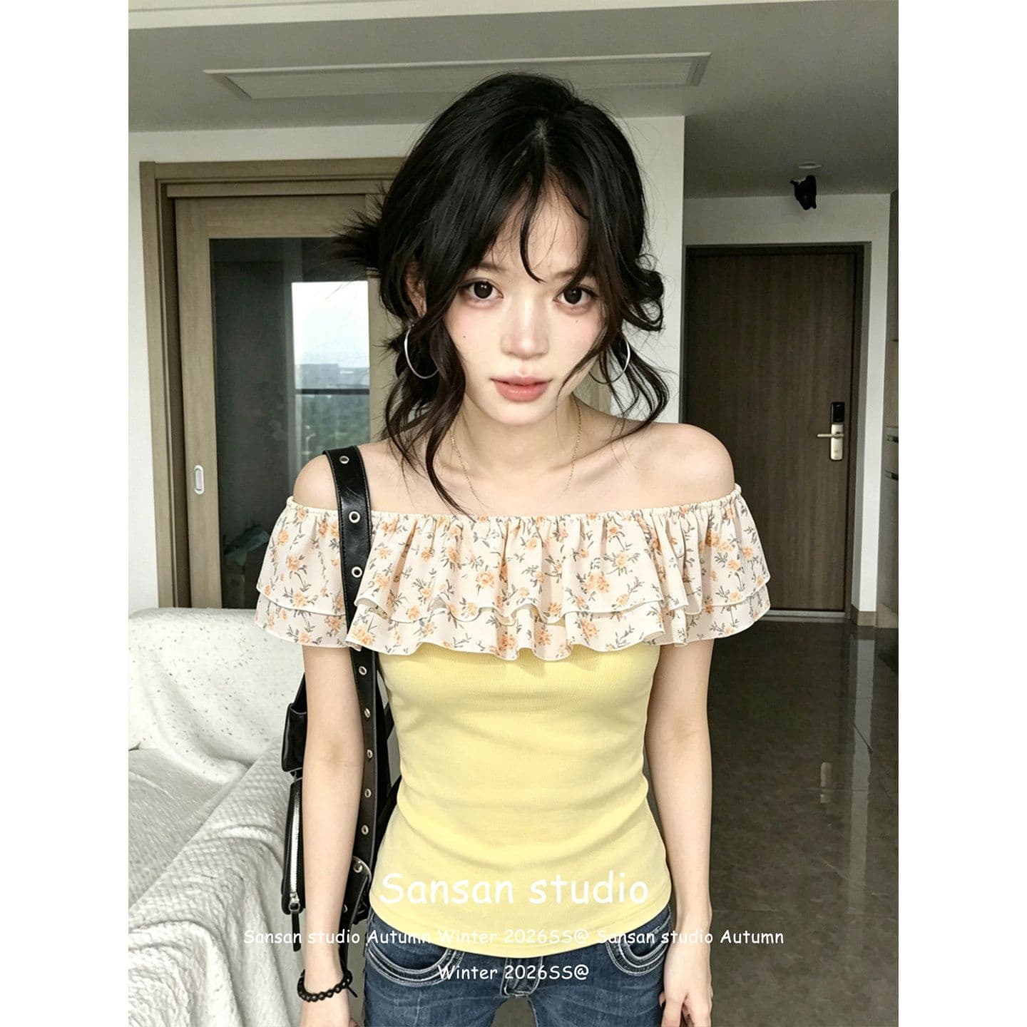 260g 사람들 면 와 사고 방식 한 부서 오프숄더 반팔 여성 프릴 이중층 꽃무늬 오프숄더 맨위 이미지 2