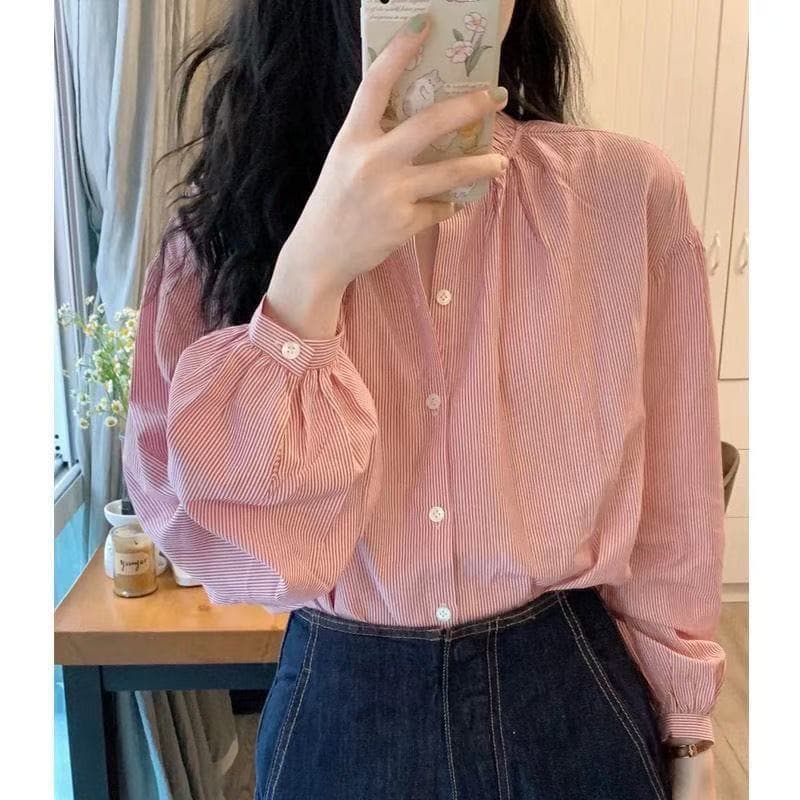 핑크색 스트라이프 여성 셔츠 여름 디자인 센스 작은 대중 프랑스식 고급 센스 셔츠 작은 키 Chic 맨위 만나는 이미지 4
