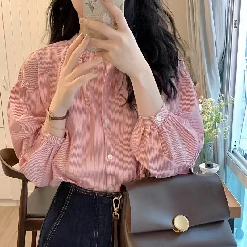 핑크색 스트라이프 여성 셔츠 여름 디자인 센스 작은 대중 프랑스식 고급 센스 셔츠 작은 키 Chic 맨위 만나는 이미지 3