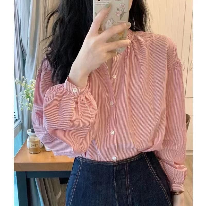 핑크색 스트라이프 여성 셔츠 여름 디자인 센스 작은 대중 프랑스식 고급 센스 셔츠 작은 키 Chic 맨위 만나는 상세 이미지 2